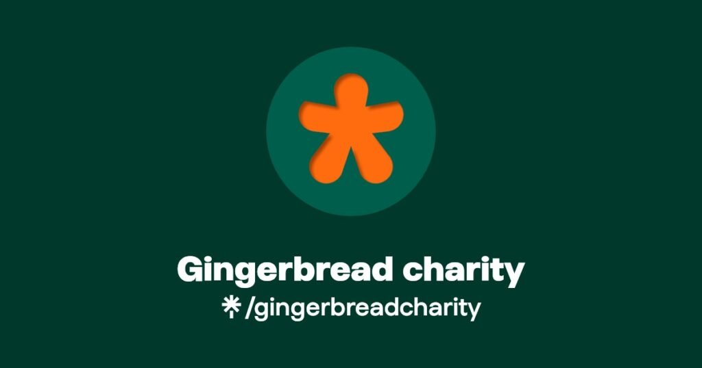A simple illustration of a gingerbread person with no features on a light green circle, against a dark green background. Text reads 'Gingerbresd Charity' and '/gingerbreadcharity'